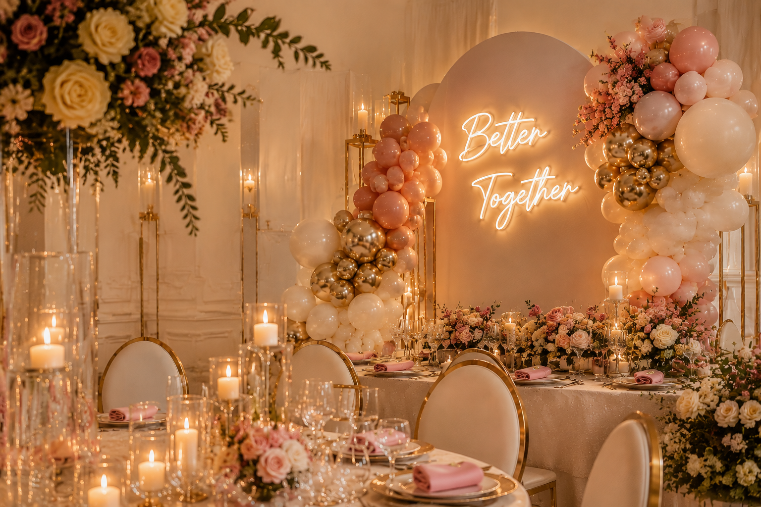 Pink and gold event setup with balloons, florals, candles, and table styling