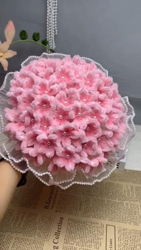 Pink handcrafted fuzzy-wire bouquet